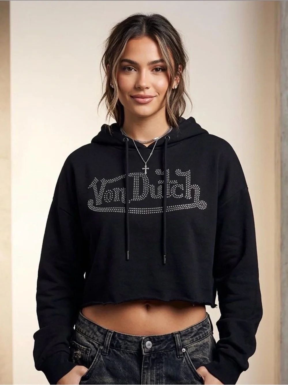 Von Dutch Black Cropped Hoodie - Rhinestone Sparkle
Logo size S
